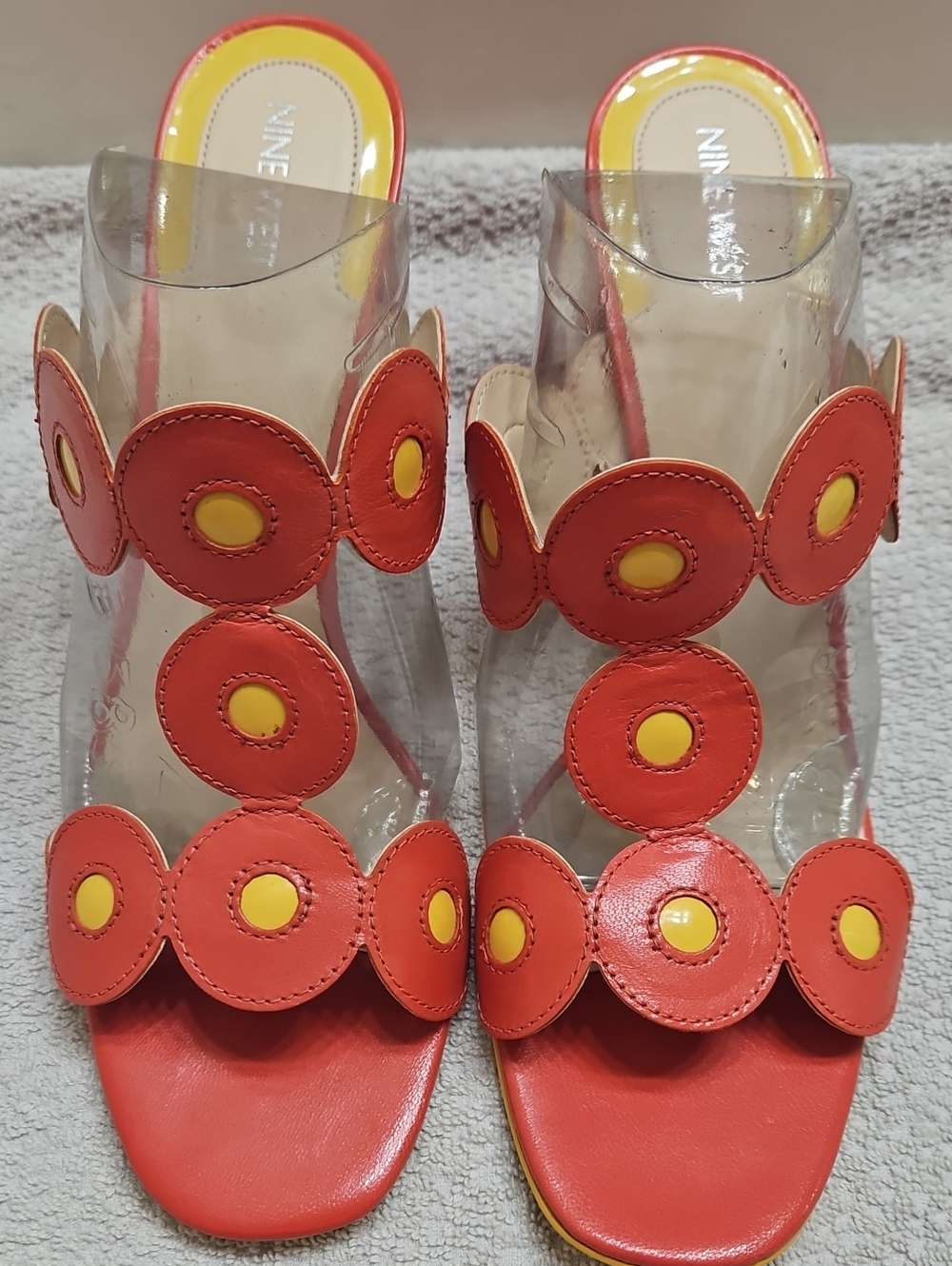 Nine West Orange and Yellow Circle Appliqué Slide Sandals